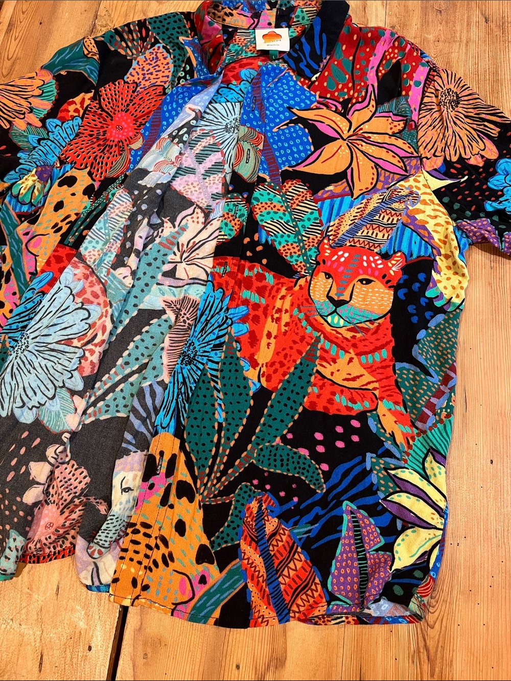 FARM RIO L Tiger Jungle Panther Tropical Patchwork Button Down Blouse